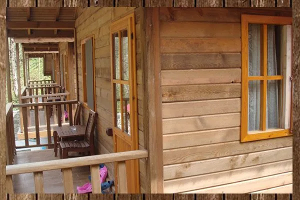 Bungalov balkonunda oturma alanı - orman manzaralı veranda